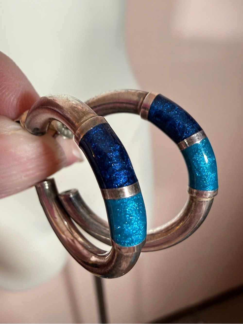 Vintage sterling silver Modernist minimalist blue enamel oversized hoop earrings
